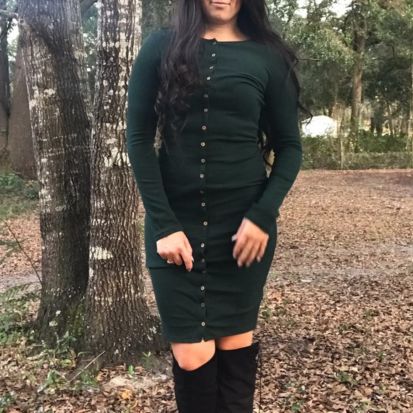 LAST 1<< Button Down Midi Dress Green Bodycon >> - Picture 5 of 6